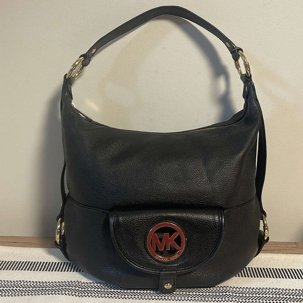 Michael Kors Fulton Hobo Black Leather Shoulder Bag